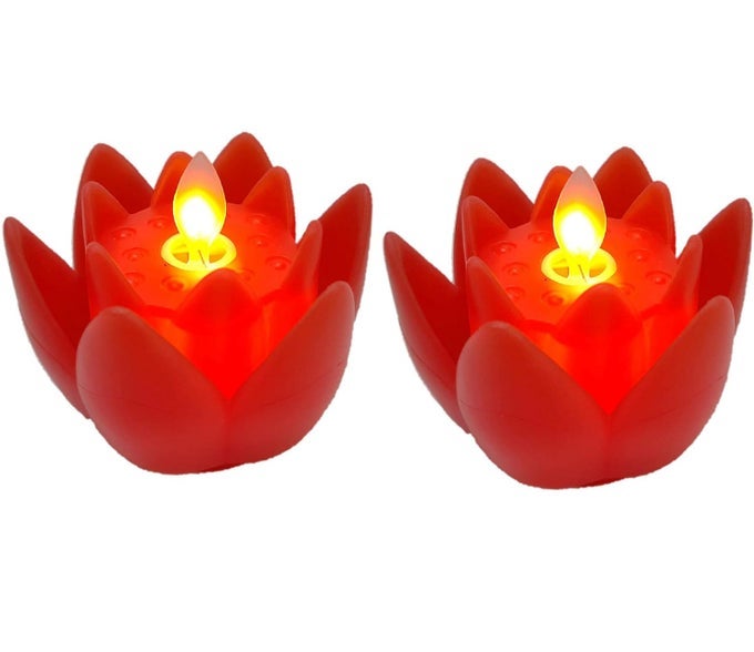 LOTUS SHAPE FLAMELESS DECORATIVE LED CANDLE WITH DANCING FLAME FLICKERING CANDLE DESIGN ARTIFICIAL DIYA SMOKELESS TEA LIGHT LED CANDLE PILLAR CANDLE FOR GIFT HOME DECORATION PACK OF2