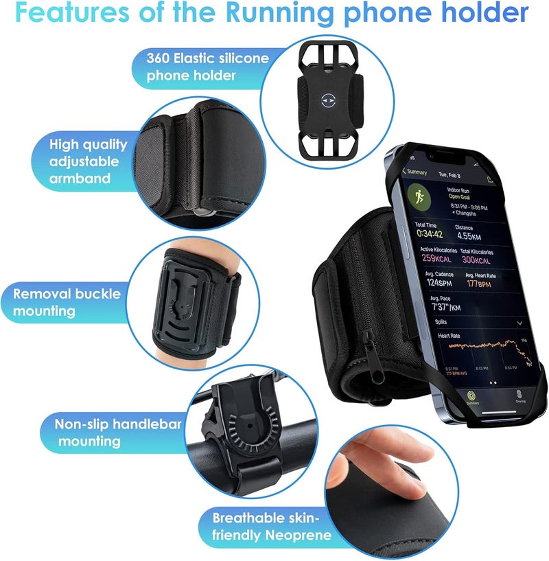 Cikyner Running Armband, 3 in 1 Running Phone Holder Sports Armband Bicycle Phone Holder 360° Rotatable & Detachable Running Phone Armband for 4.5-7'' iPhone Huawei for Gym Running Hiking (G5) - Image 4