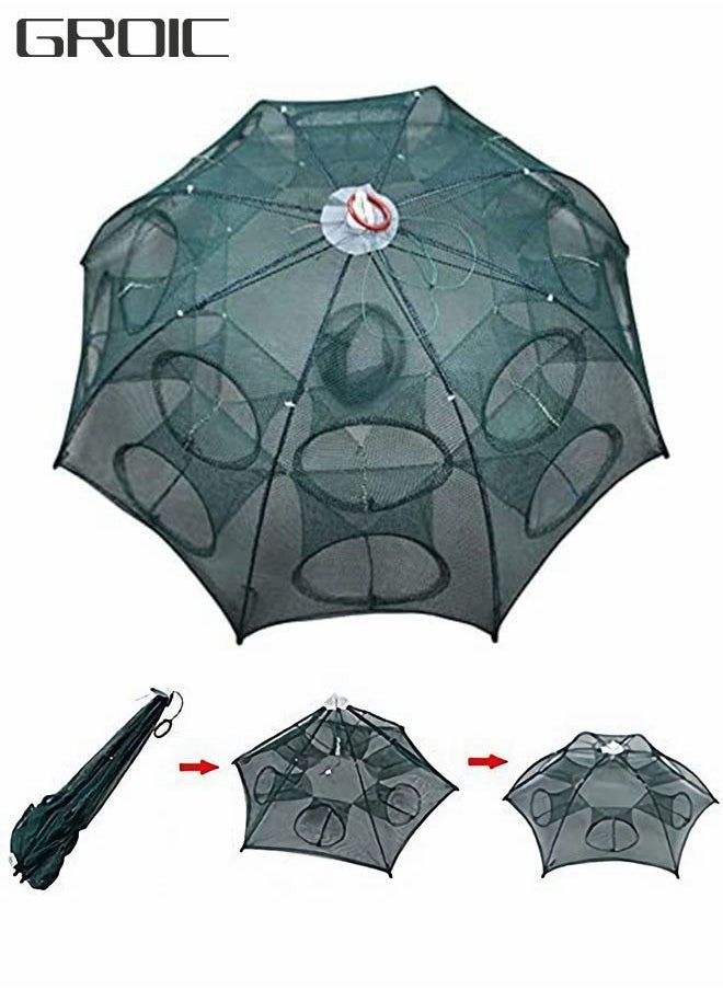 GROIC - Fishing Net Trap Portable Folding Collapsible Crab Network Immersion Bait Shrimp Crayfish Cage Tiddler Trap Mesh Automatic 10 Holes, Green - Image 1
