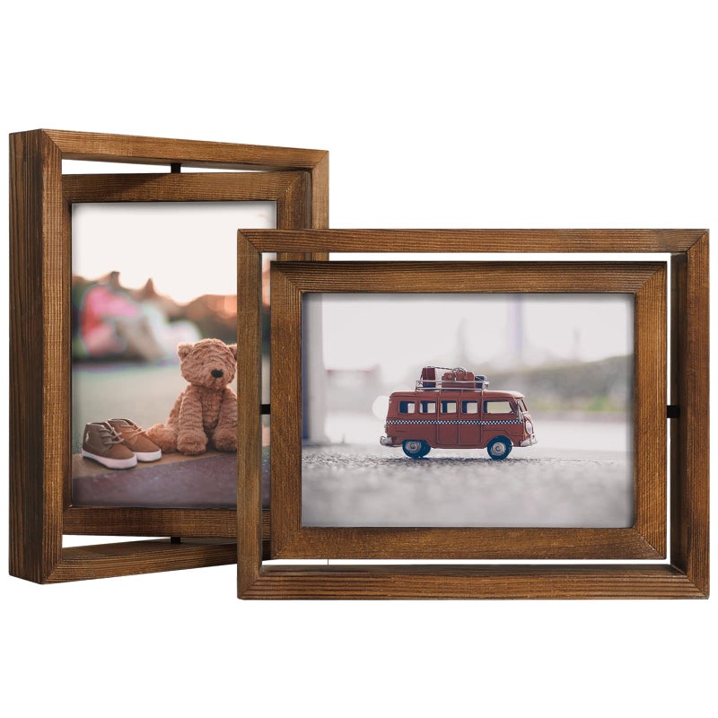Egofine Egofine 2 Pack 5x7 Rotating Floating Picture FramesDoubleSided Display with HD Glass Front Wooden Distressed Frame for Vertical or Horizontal Tabletop Display Carbonization 