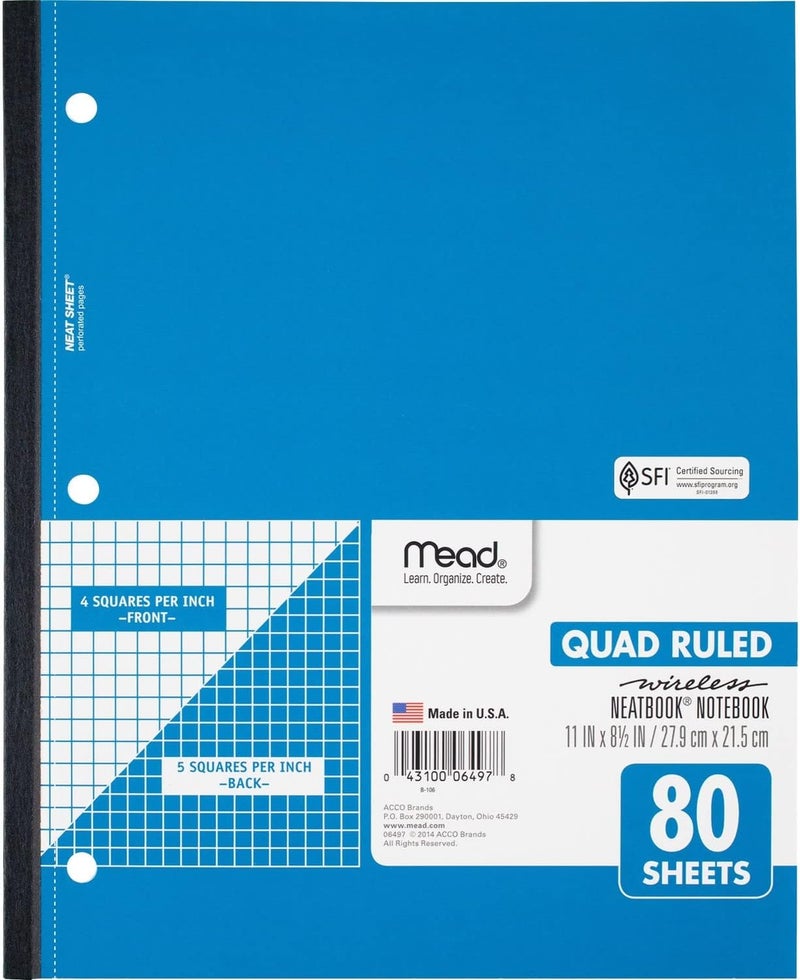 Notebook, Wireless, 1 Subject, Quad Ruled, 8-1/2" x 11", 80 Sheets, Neatbook, Assorted Colors, Color Will Vary (06497)