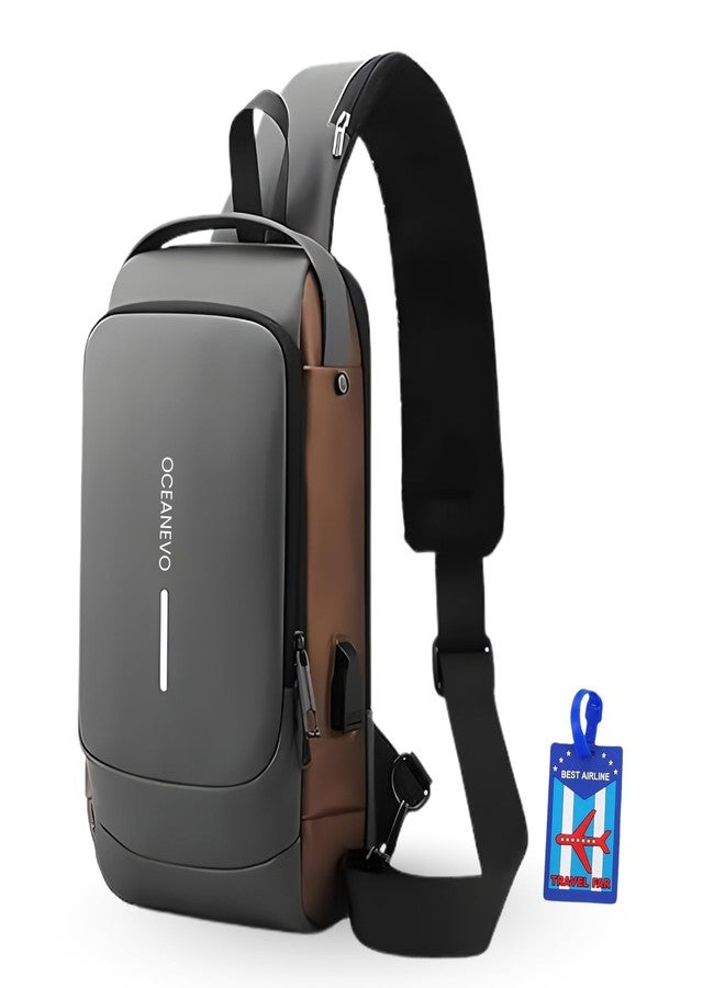 OCEANEVO Stylish Anti Theft Crossbody Sling Bag for Men WITH Luggage Tag, Chest Bag for Travel WITH Lock and USB Charging Port - 1 Year Warranty - 32 x 19 x 8 Cm - Grey Gold - Image 1