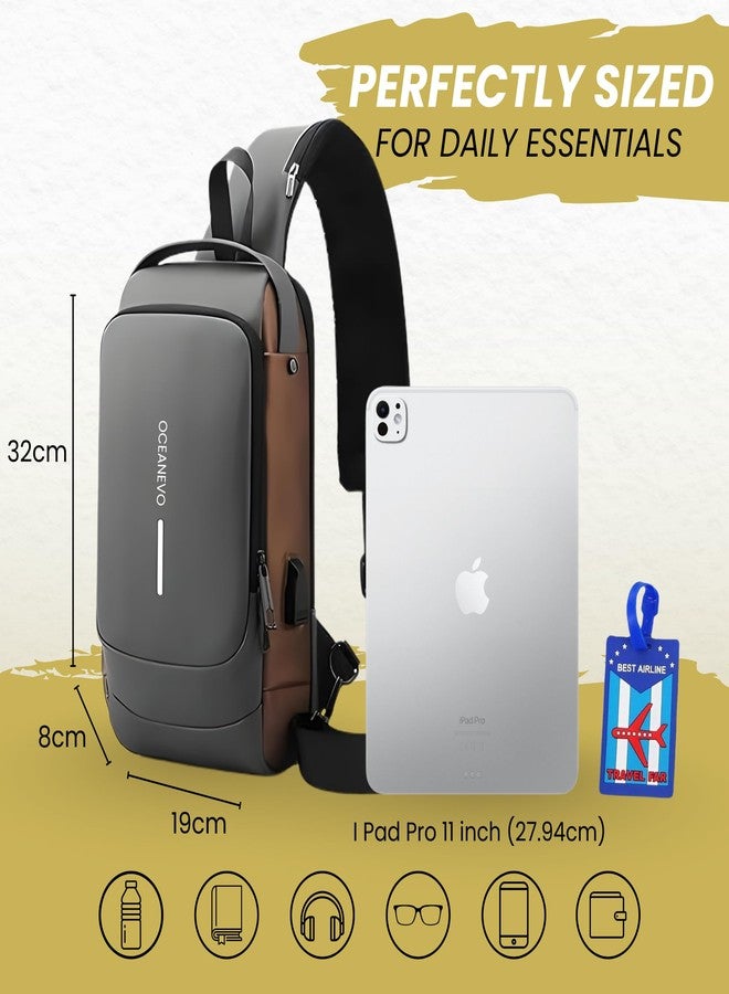 OCEANEVO Stylish Anti Theft Crossbody Sling Bag for Men WITH Luggage Tag, Chest Bag for Travel WITH Lock and USB Charging Port - 1 Year Warranty - 32 x 19 x 8 Cm - Grey Gold - Image 2