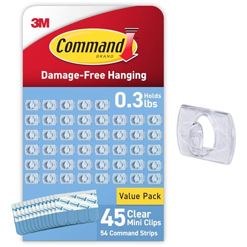Command Indoor Mini Light Clips, Damage Free Hanging Christmas Light Clips, Mini Wall Clips for Hanging Indoor Christmas Decorations, Lights and Cables, 45 Clear Clips and 54 Command Strips - Image 1