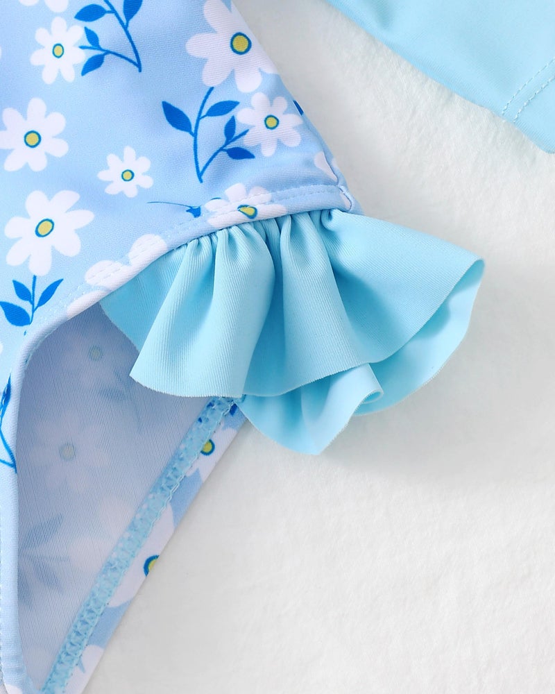 SODLON Baby Girl Swimsuit 6-12 Months Blue Daisy Floral Long Sleeve One-Piece Rash Guard Swimsuit with Matching Hat - Image 5