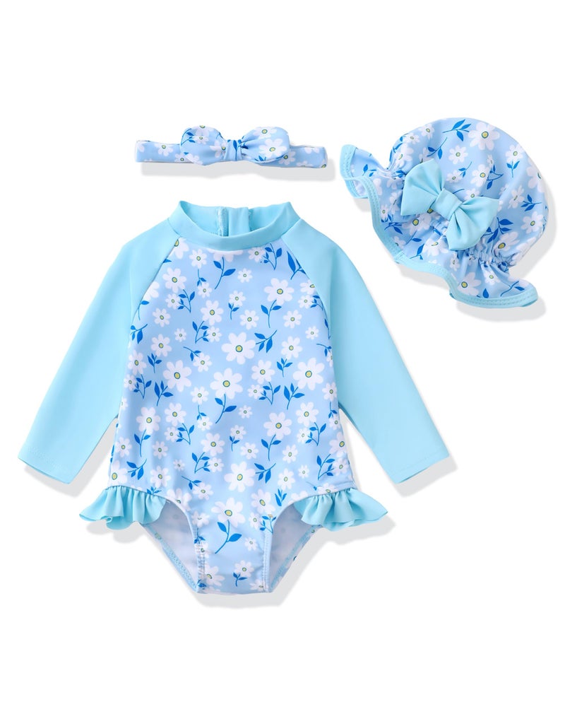 SODLON Baby Girl Swimsuit 6-12 Months Blue Daisy Floral Long Sleeve One-Piece Rash Guard Swimsuit with Matching Hat - Image 1