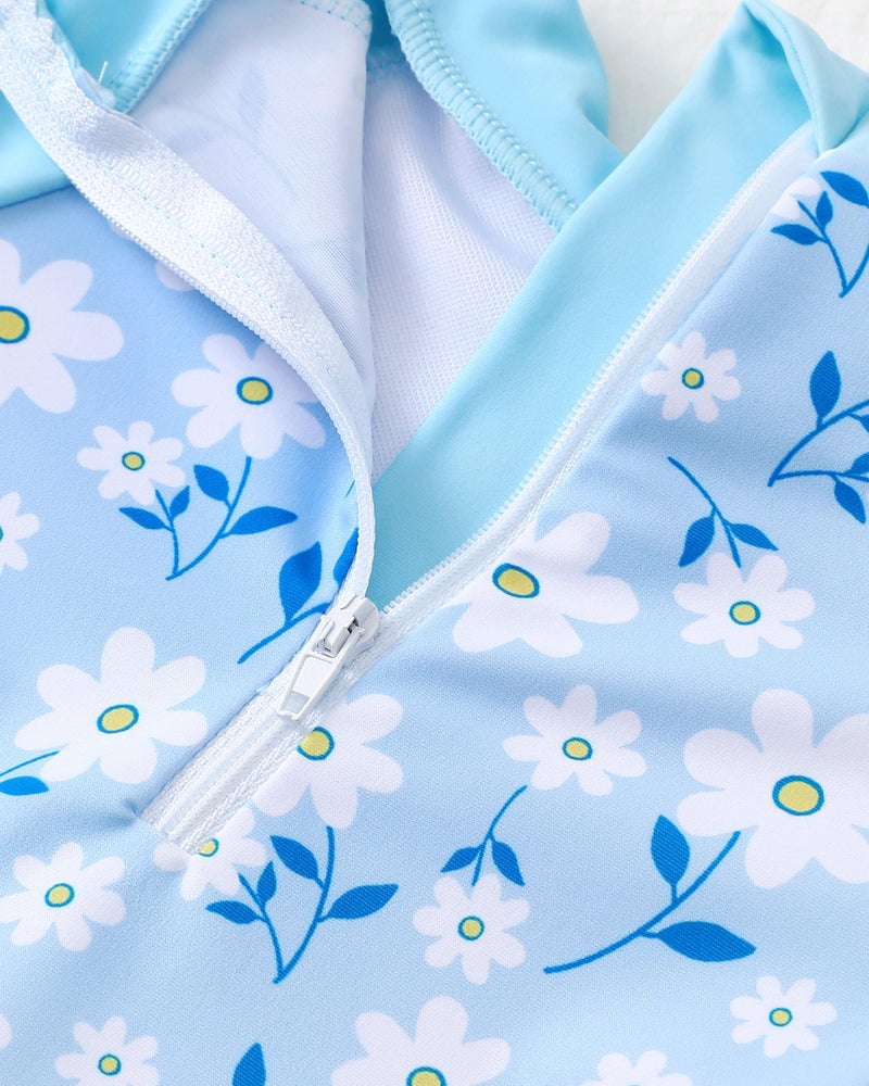 SODLON Baby Girl Swimsuit 6-12 Months Blue Daisy Floral Long Sleeve One-Piece Rash Guard Swimsuit with Matching Hat - Image 2