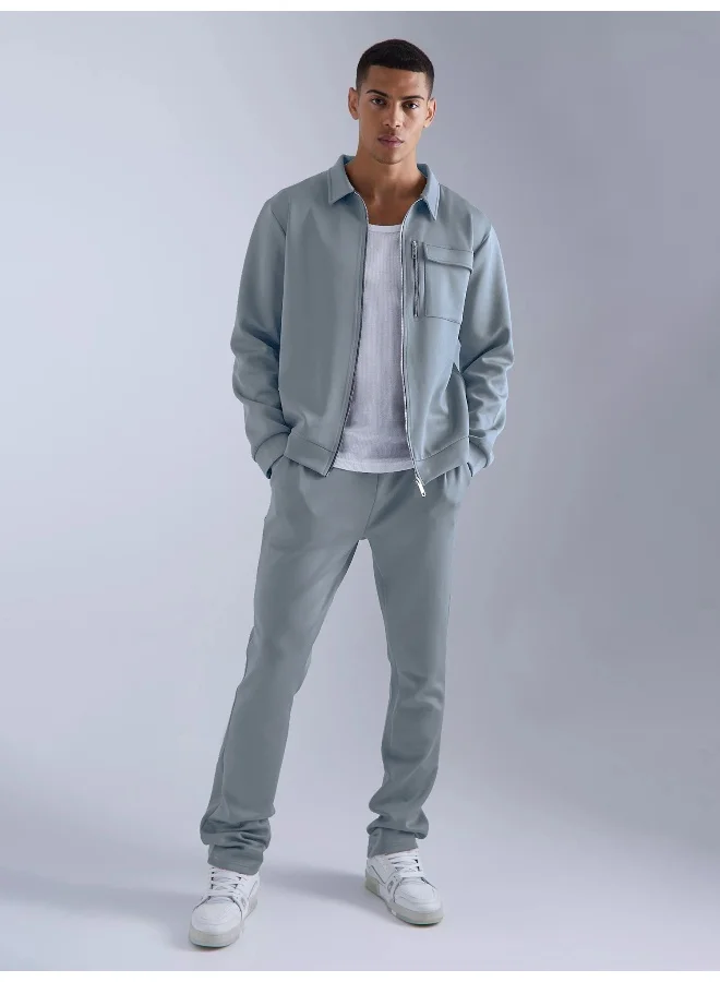 مانياك Maniac Mens Solid Light Grey Collared Neck Jacket and Jogger Cotton Loopknit Fleece Co-Ords