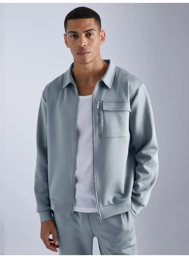 مانياك Maniac Mens Solid Light Grey Collared Neck Jacket and Jogger Cotton Loopknit Fleece Co-Ords