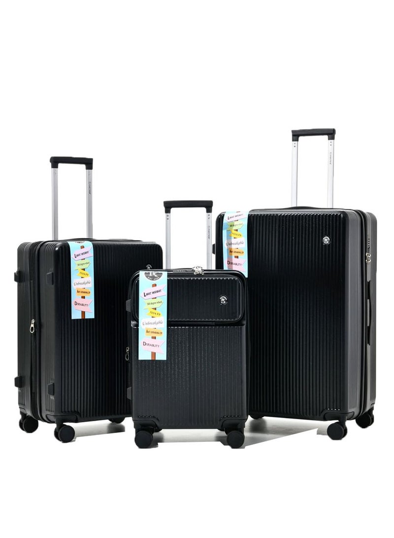 PK 3 PCS TROLLEY LUGGAGE FRONT OPEN POLY CARBON MATERIAL, LUGGAGE SUITCASE SET AND CABIN LUGGAGE BAG SET BLACK COLOUR - Image 1