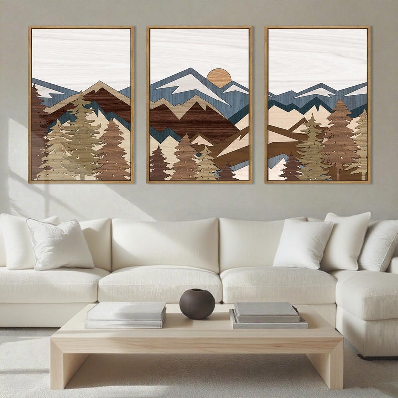 BINCUE Large Mountain Wall Art Vintage Mountains Office Framed Canvas 3 Piece Artwork 16x24 Inch for Living Room Bedroom Dcor