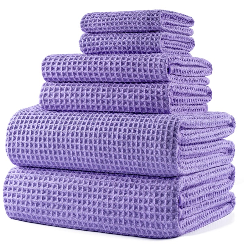 POLYTE 430 GSM Microfiber Quick Dry Lint Free Oversize Bath Towel Set, 6 Piece (Waffle Weave) - Image 1