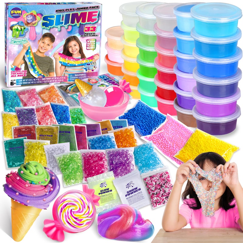FUN KIDZ 33 Cups Jumbo Slime Kit for Kids, FunKidz Premade Ultimate Slime Pack to DIY Soft, Cloud, Clear, Butter, Glitter, Glow in Dark Slime Making Kit Party Favors Gift Toys for Girls and Boys - Image 1