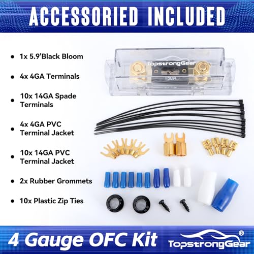 TOPSTRONGGEAR 4 Gauge OFC Amp Kit Car Audio Amplifier Wiring Install Kit with RCA Cables, 150A Fuse, 17FT Power Cable – 4 OFC Complete Subwoofer Installation Kit for Car, Truck, Marine Stereo Systems - Image 3