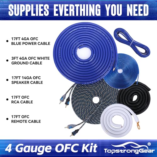 TOPSTRONGGEAR 4 Gauge OFC Amp Kit Car Audio Amplifier Wiring Install Kit with RCA Cables, 150A Fuse, 17FT Power Cable – 4 OFC Complete Subwoofer Installation Kit for Car, Truck, Marine Stereo Systems - Image 2