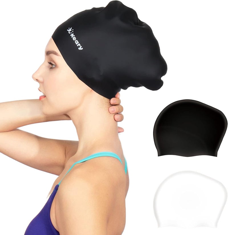 Keary 2 Pack Updated Silicone Swim Cap for Long Hair Women Girl Waterproof Bathing Pool Swimming Cap Cover Ears to Keep Your Hair Dry, 3D Soft Stretchable Durable and Anti-Slip, Easy to Put On and Off - Image 1