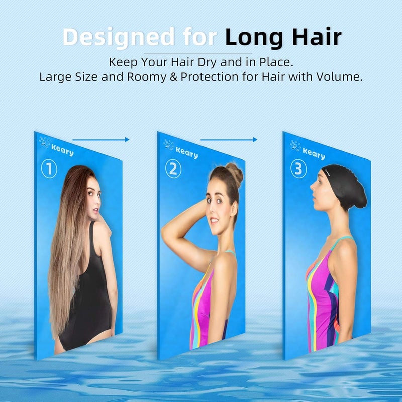 Keary 2 Pack Updated Silicone Swim Cap for Long Hair Women Girl Waterproof Bathing Pool Swimming Cap Cover Ears to Keep Your Hair Dry, 3D Soft Stretchable Durable and Anti-Slip, Easy to Put On and Off - Image 2