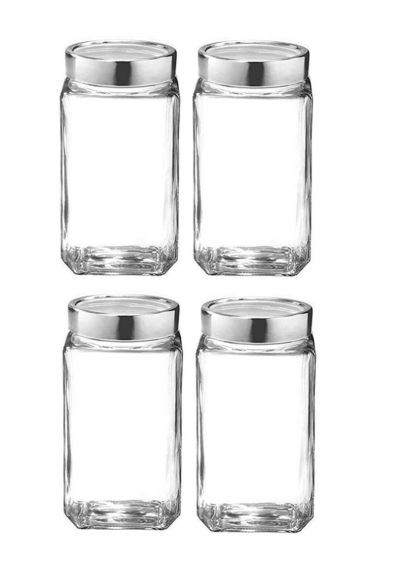 FitsFlair Glass Storage Container Set With Silver Airtight LidCube Glass Jar For Kitchen Storage Grocery Spice Jam Honey Spice Masala Herbs 4 pcs 350 ml - Image 1