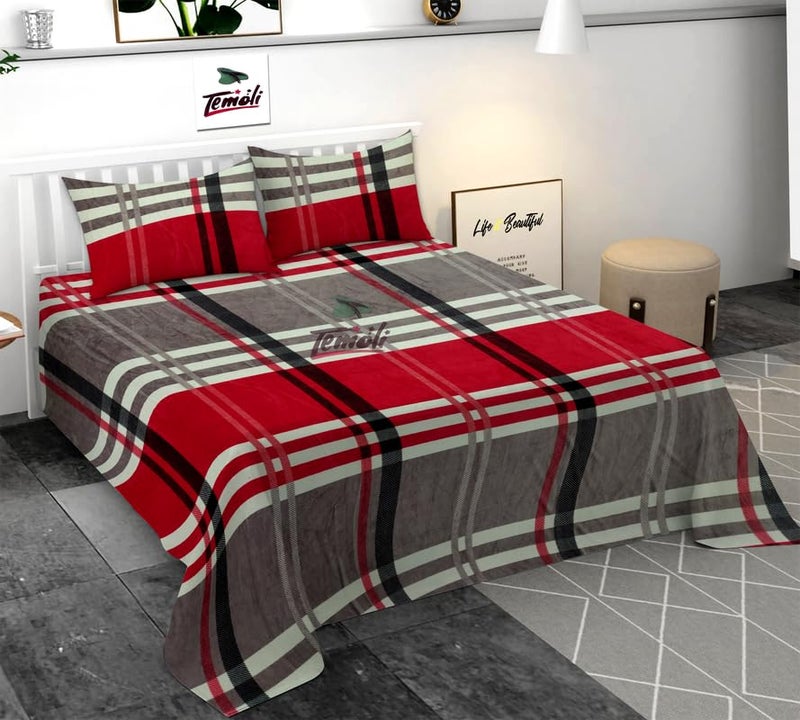 Temoli® Warm Premium Velvet Flannel Flat Bedsheet King Size (90x100 Inch) with 2 Pillow Covers – Soft & Cozy Double Bed Sheet | Box Maroon Design - Image 1