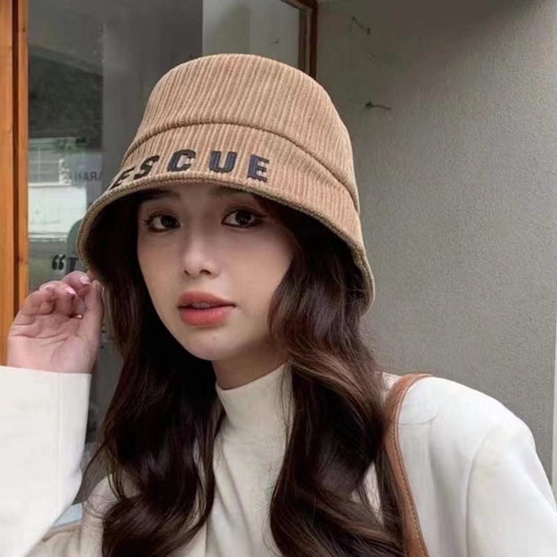 Winter Bucket Hat Women Corduroy Embroidered Letter Slim Hat - Image 4