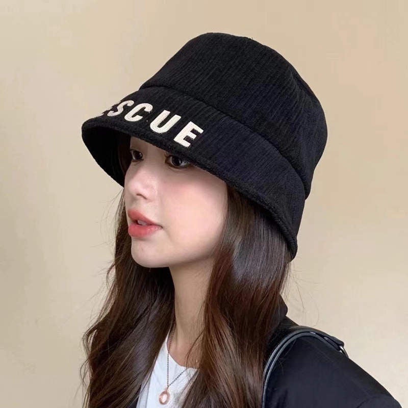 Winter Bucket Hat Women Corduroy Embroidered Letter Slim Hat - Image 1