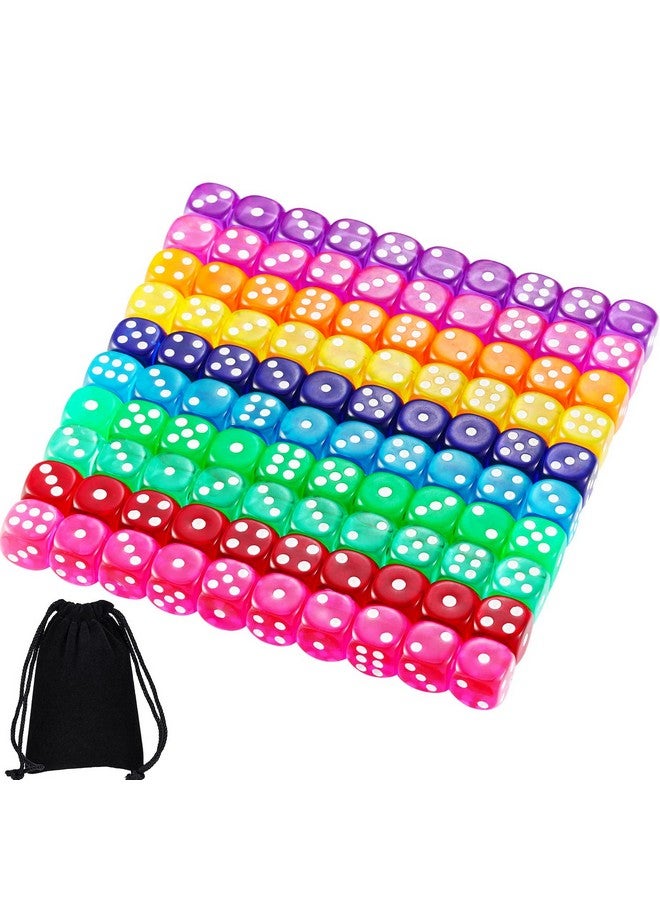 Blulu Blulu 100 PCS 6 Sided Games Dice Set, Colored Dice with Black Velvet Pouches for Playing Games, Like Board Games, Dice Games, Math Games, Party Favors and More(Rainbow Color, 14 mm)  - Image 1