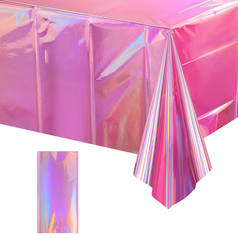 FunnyPars 1 Pack Iridescent Pink Plastic Tablecloths, FunnyPars Shiny Disposable Laser Rectangle Table Covers, Holographic Foil Tablecloth Iridescent Party Decorations for Birthday Wedding Christmas, 54x108Inch - Image 1