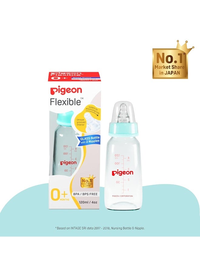 pigeon Premium Glass Baby Feeding Bottle for New Born | with Added Anti-Colic Nipple | for 0+ Month Babies | BPS Free | BPA Free | Pale Blue Colour| 120 ml - Image 2