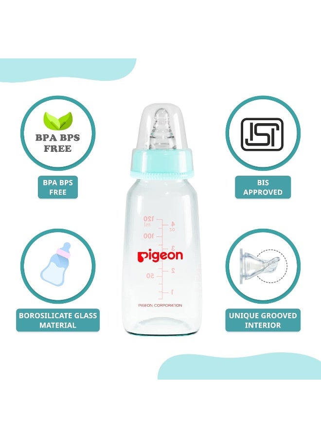 pigeon Premium Glass Baby Feeding Bottle for New Born | with Added Anti-Colic Nipple | for 0+ Month Babies | BPS Free | BPA Free | Pale Blue Colour| 120 ml - Image 3