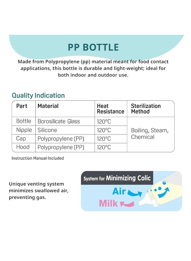 pigeon Premium Glass Baby Feeding Bottle for New Born | with Added Anti-Colic Nipple | for 0+ Month Babies | BPS Free | BPA Free | Pale Blue Colour| 120 ml - Image 4