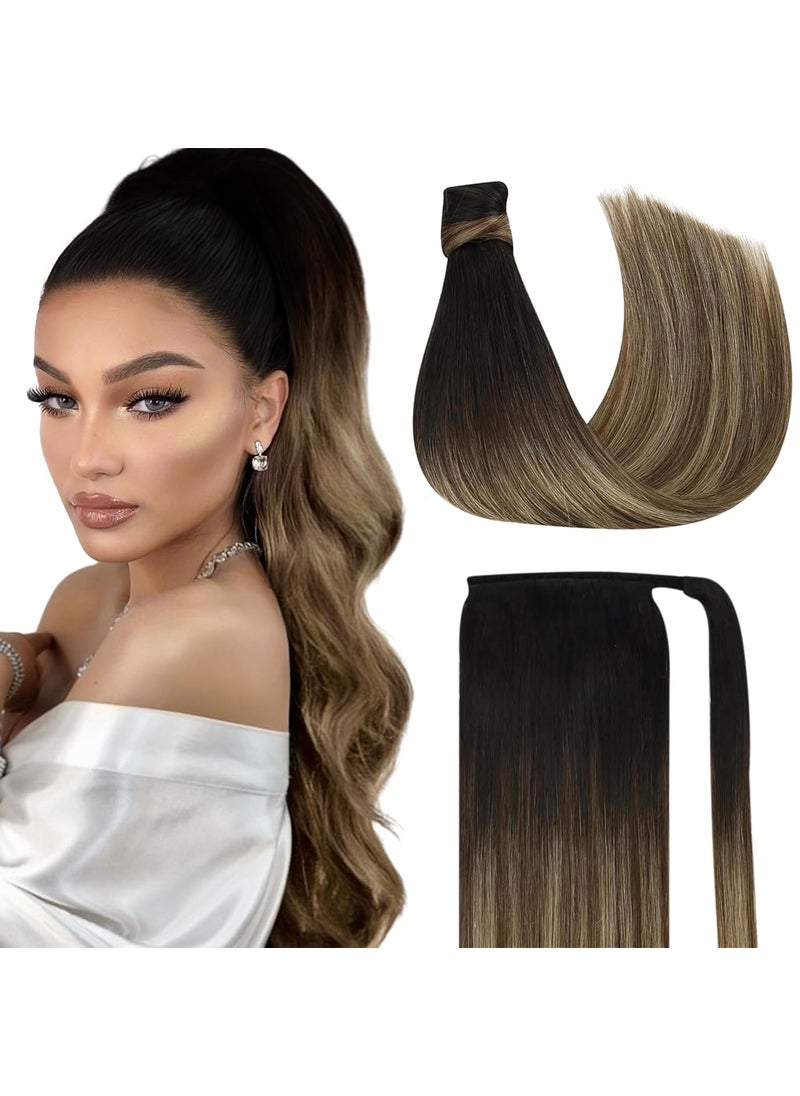 Ve Sunny Ve Sunny Wrap around Ponytail Human Hair Black Ombre Human Hair Ponytail Extension Black Roots Brown with Caramel Real Hair Ponytail Extension Ombre Human Ponytail Extension 80g 18inch 
