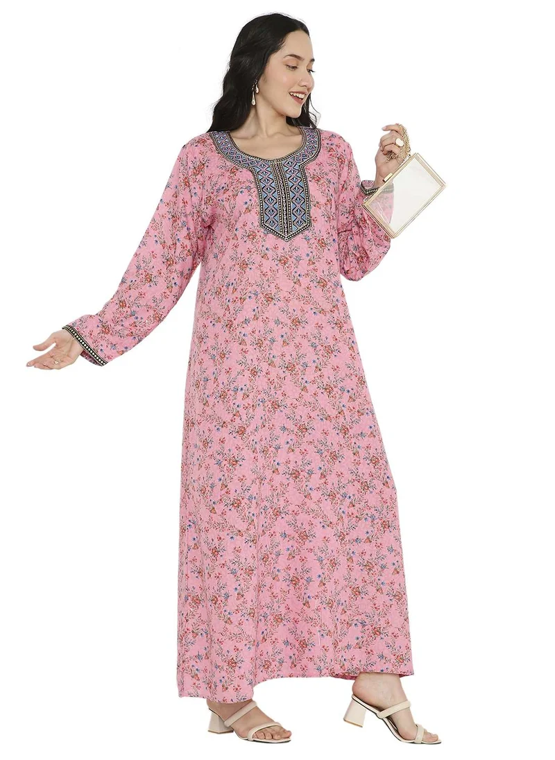 هانا آند سارا LONG VISCOSE PRINTED WITH EMBROIDERY ARABIC FARASHA KAFTAN JALABIYA DRESS