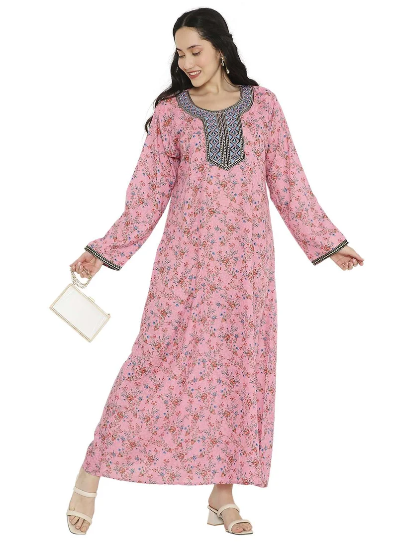 HANA & SARA LONG VISCOSE PRINTED WITH EMBROIDERY ARABIC FARASHA KAFTAN JALABIYA DRESS