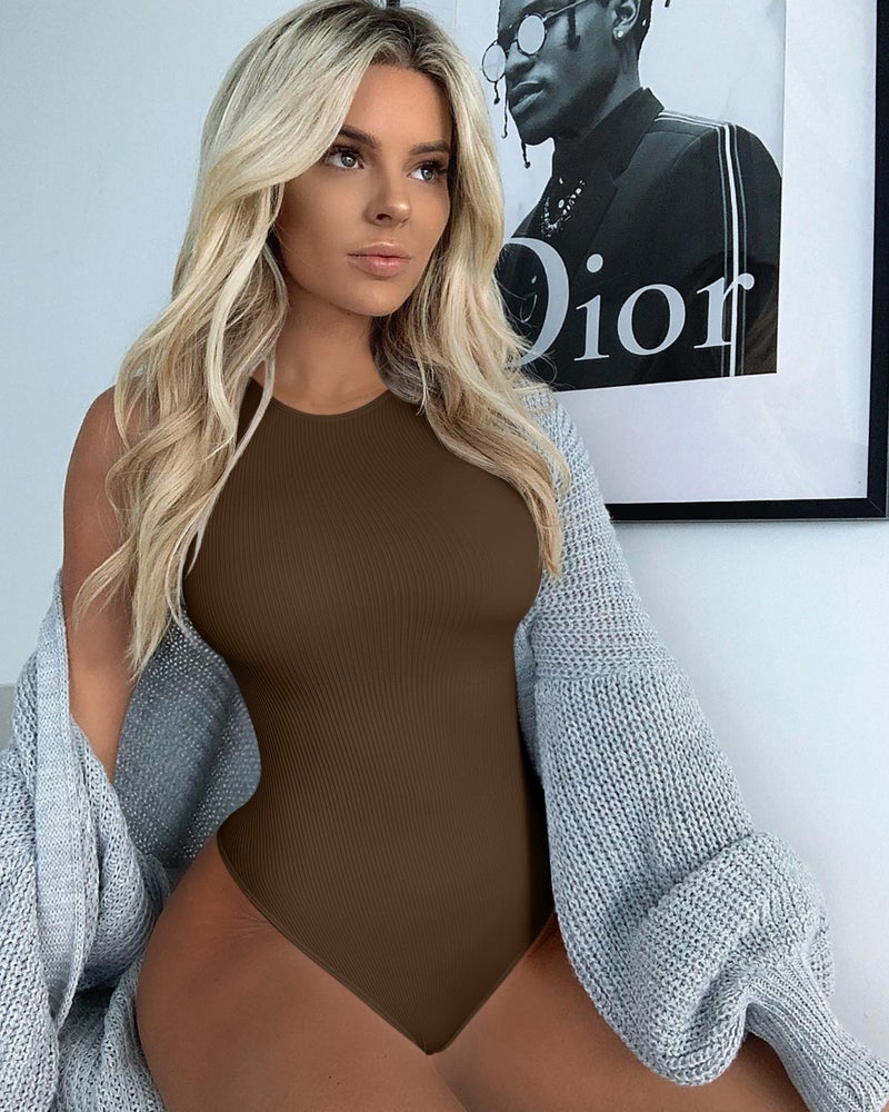 OQQ Women's 3 Piece Bodysuits Sexy Ribbed One Piece Sleeveless Halter Neck Tops Leotard Summer Trendy Black Coffee Beige - Image 5