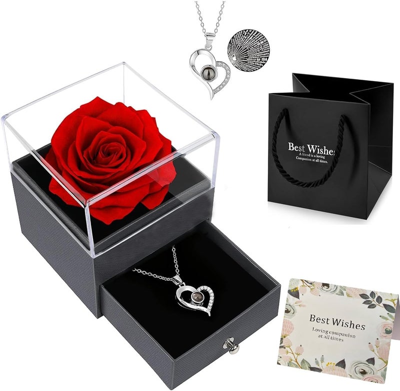 Galox Rose Flower with Heart Necklace, Gift for Wife, Girlfriend, Fiancée On Valentines Day Birthday Wedding Anniversary, Necklace with Rose Flower Box Bag Gift Card (Silver Cross Heart (Red Rose)) - Image 1