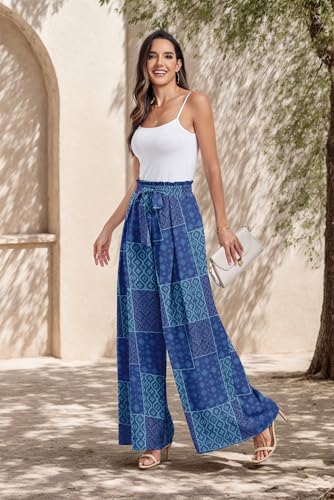 Lepunuo Womens Floral Wide Leg Casual Pants High Waisted Bohemian Print Tie Knot Business Work Trousers - Image 2