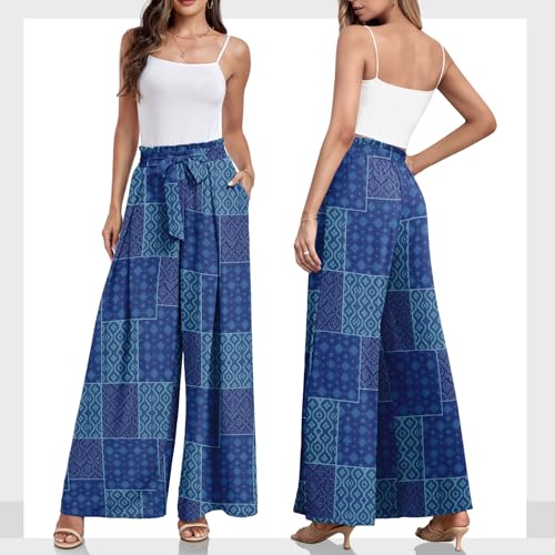 Lepunuo Womens Floral Wide Leg Casual Pants High Waisted Bohemian Print Tie Knot Business Work Trousers - Image 3