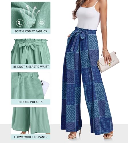 Lepunuo Womens Floral Wide Leg Casual Pants High Waisted Bohemian Print Tie Knot Business Work Trousers - Image 4