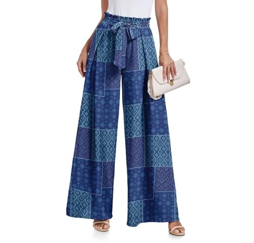 Lepunuo Womens Floral Wide Leg Casual Pants High Waisted Bohemian Print Tie Knot Business Work Trousers - Image 1