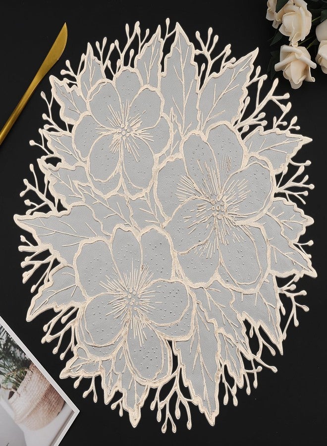 Mabbcoo Placemats Set of 6, Gold White Place Mats Pressed Plum Flowers Vinyl Round Table Mats Washable for Dining Table Christmas Holiday Decorations - Image 1