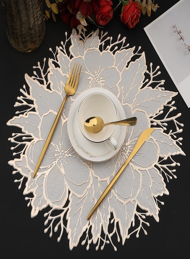 Mabbcoo Placemats Set of 6, Gold White Place Mats Pressed Plum Flowers Vinyl Round Table Mats Washable for Dining Table Christmas Holiday Decorations - Image 2