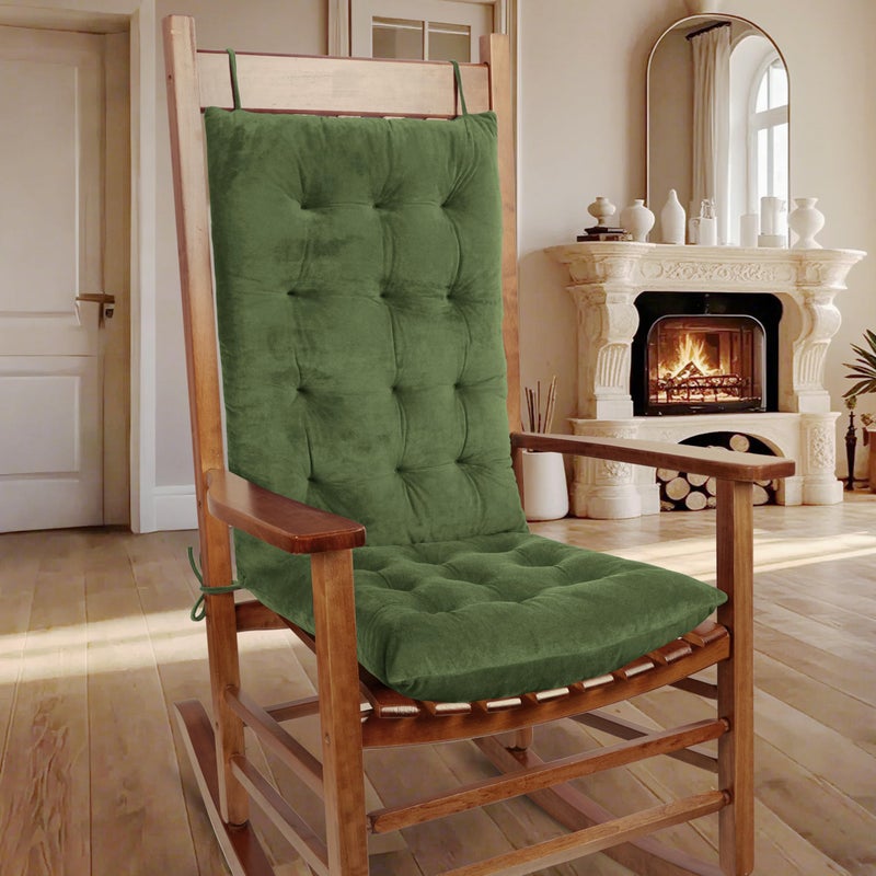 OVOV Thick Rocking Chair Cushion Warm Tufted Rocking Chair Pads Set of 2 with Ties High Back and Seat Cushion Suitable for Indoor Green - Image 1