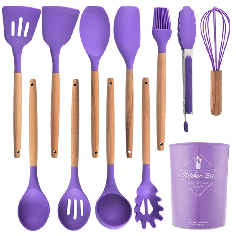 Keidason Kitchen Silicone Cookware Set, 12-piece Non-stick Cookware, Heat-resistant, BPA-free, Cooking Tools, Stirring Kitchen Tool Set (Purple) - Image 1