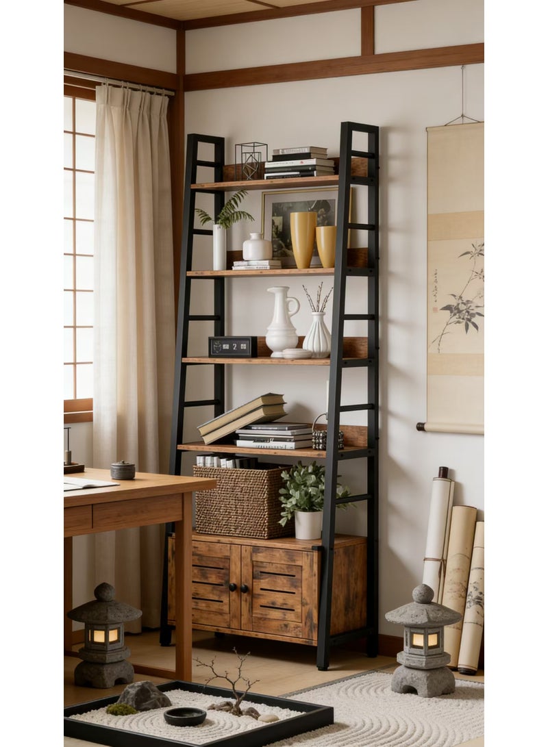 CityRiya-Long 5-Tier Ladder Shelf with Storage Cabinet, Industrial Freestanding Open Bookshelf, Tall Plant Stand Display Shelving Unit, Wood and Metal Ladder Bookcase for Living Room, Bedroom, Home Office (Tiger stripe pattern) - Image 1