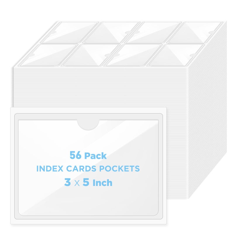 Joyberg 56 Pack Clear Self-Adhesive Pockets, 3" x 5" Index Card Pockets with Top Open Loading, PVC Label Holders for Organizing Storage Bins, Library Card, Drawer, and Protecting Your Cards - Image 1