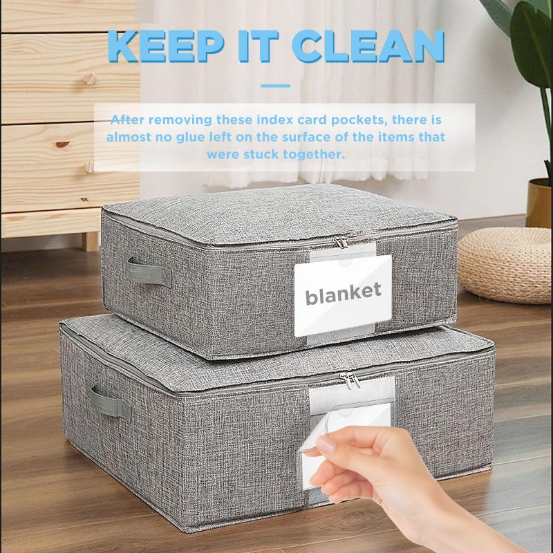 Joyberg 56 Pack Clear Self-Adhesive Pockets, 3" x 5" Index Card Pockets with Top Open Loading, PVC Label Holders for Organizing Storage Bins, Library Card, Drawer, and Protecting Your Cards - Image 4