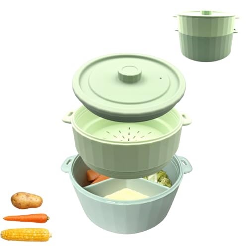 CHOUYUHE 2-Tier Silicone Microwave Steamer, Divided Compartments with Lid, Stackable Food Container, Sage Green - Image 1