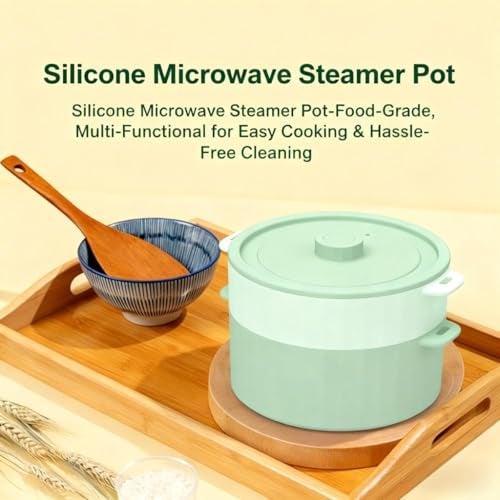 CHOUYUHE 2-Tier Silicone Microwave Steamer, Divided Compartments with Lid, Stackable Food Container, Sage Green - Image 2