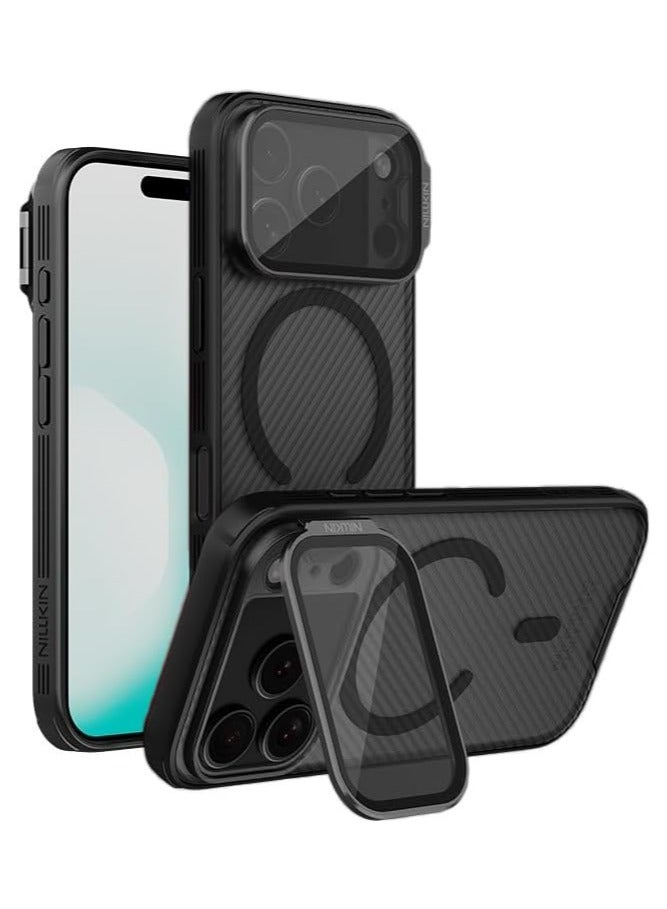 عام **غطاء شفاف للآيفون 17 برو ماكس 2025 - هيكل مرن من TPU و ظهر صلب من PC مع حامل مرآة مدمج**