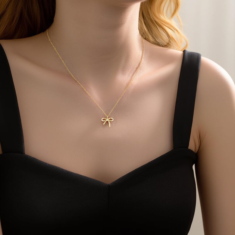 SLUYNZ Solid 925 Sterling Silver Bow Choker Necklace for Women Teen Girls Simple Bowknot Pendant Necklace (B-Gold Plated) - Image 2